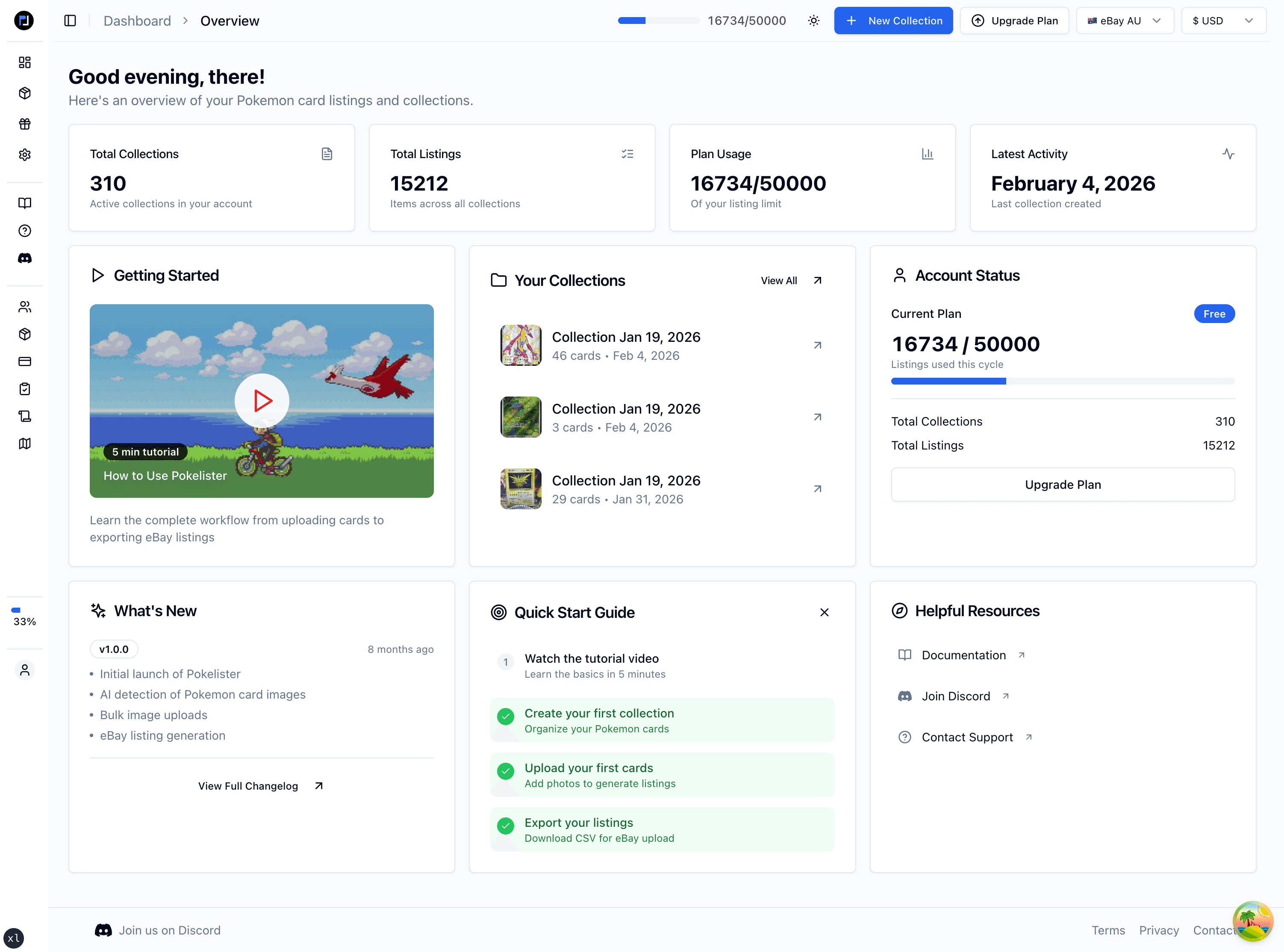 CardPilot dashboard showing collections, listings, and quick start guide