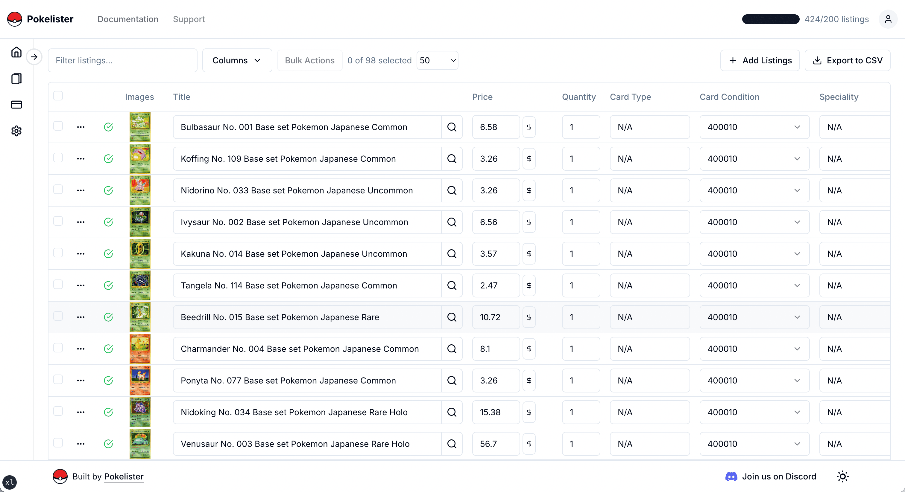 CardPilot listing table — card images, AI-detected titles, prices, and conditions